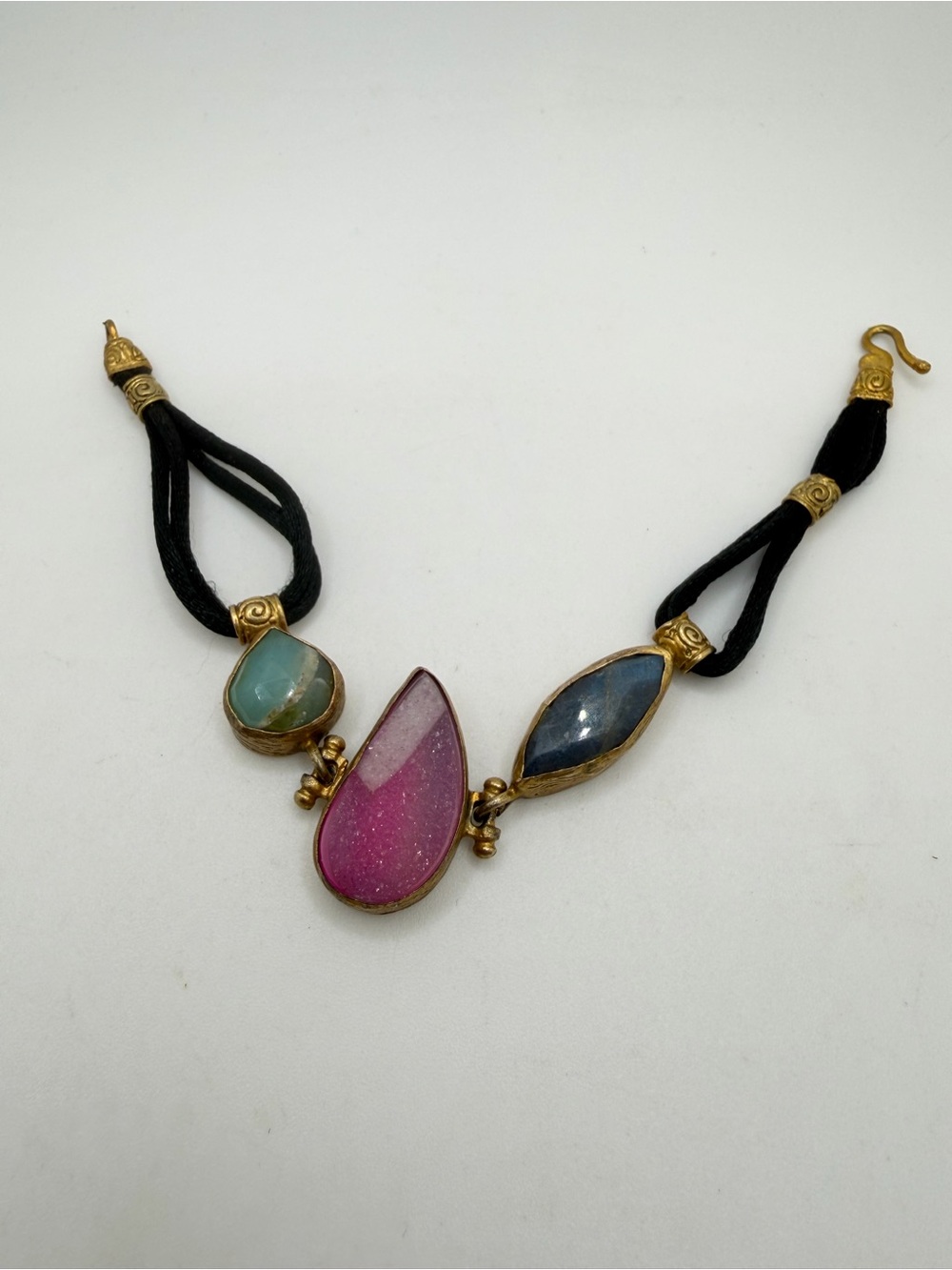 ~7" Dyed Pink druzy, agate, and labradorite w/ gold tone metal, cord bracelet~